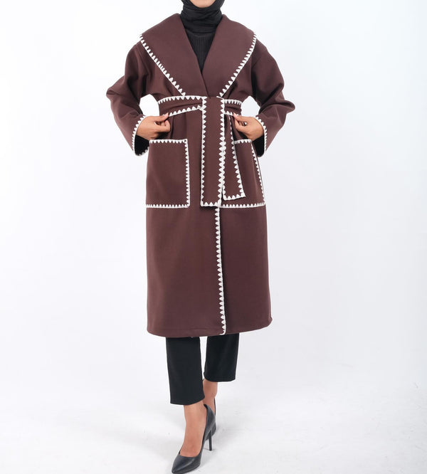 Contrast-Trim Wool Wrap Coat