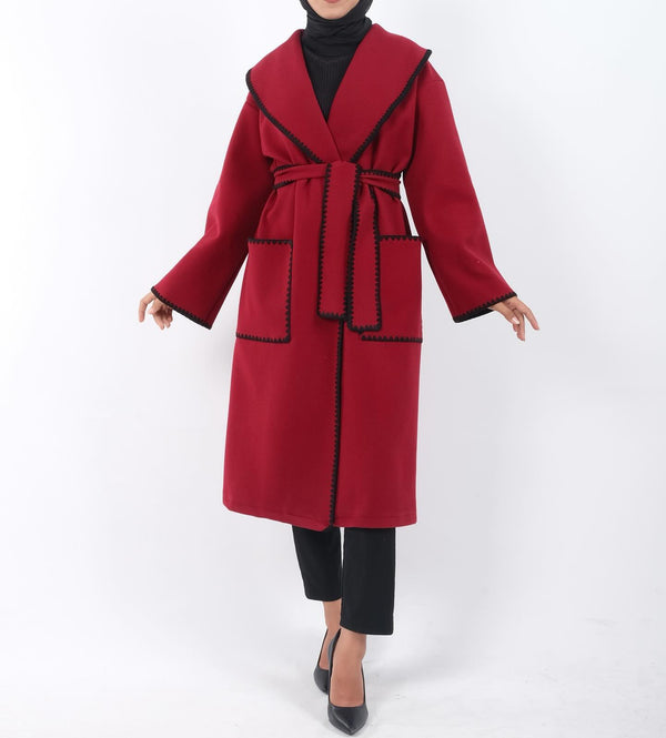 Contrast-Trim Wool Wrap Coat