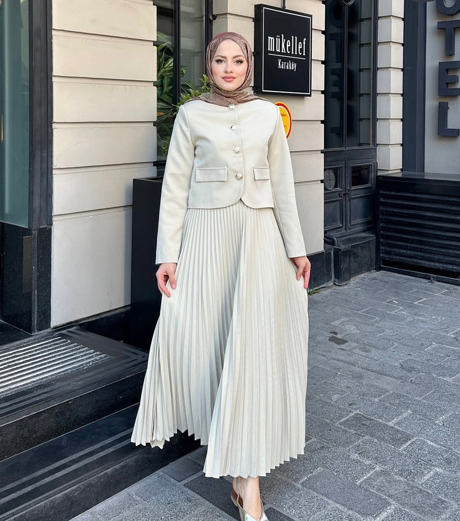 Elegant Pleated Skirt Suit Set – Gold Button Blazer