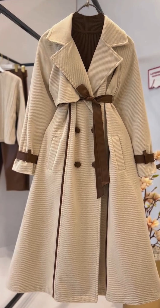 Double-Breasted Herringbone Coat with Belt