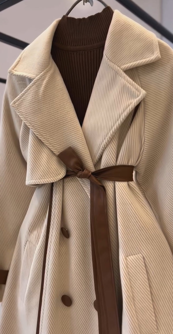 Double-Breasted Herringbone Coat with Belt