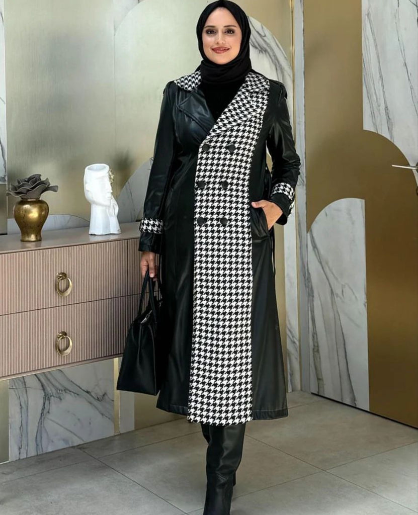 Houndstooth Panel Belted Leather Coat