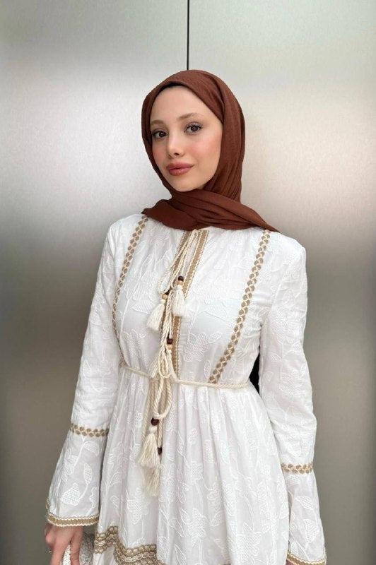 White Embroidered Boho Maxi Dress with Long Sleeves