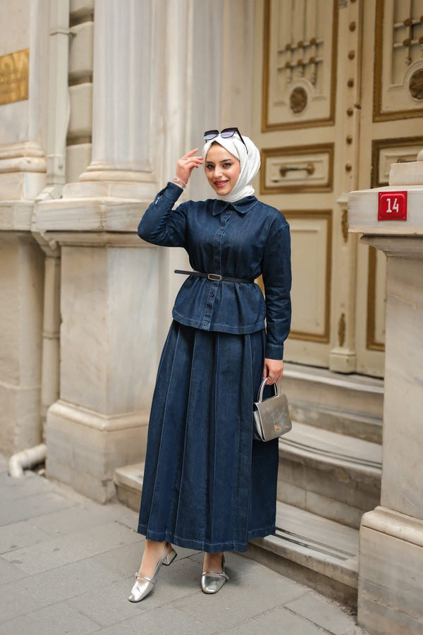 Dark Denim Two-Piece Set – Shirt & Maxi Skirt