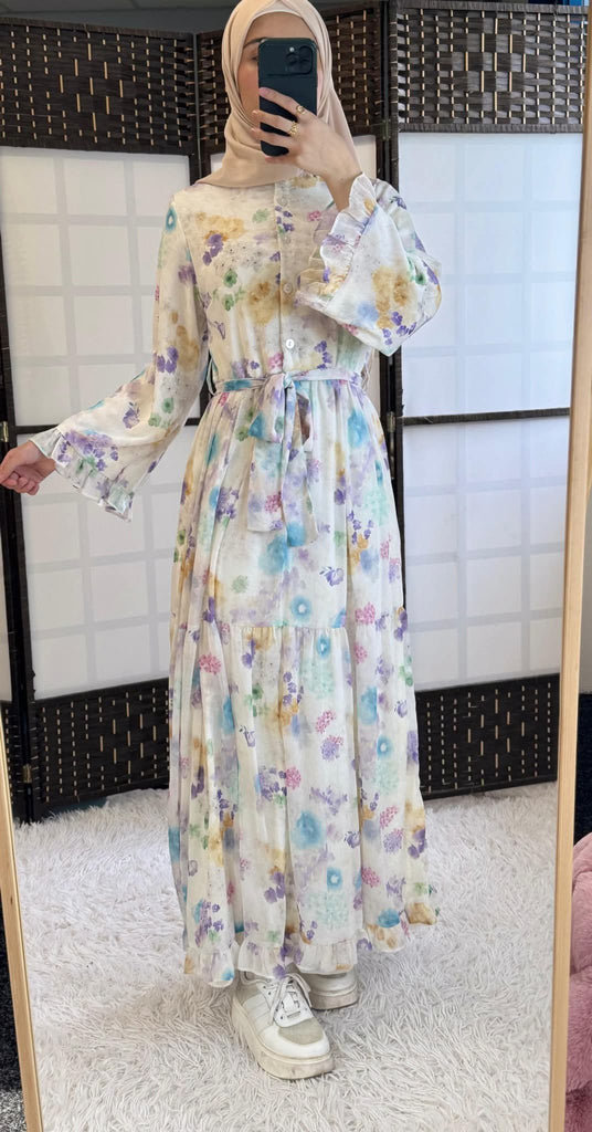Floral Print Maxi Dress with Belt – Long Sleeve