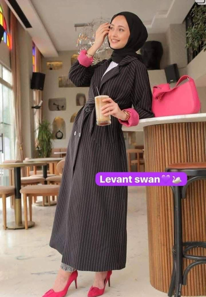 Pinstripe Long Trench Coat – Black with Pink Details