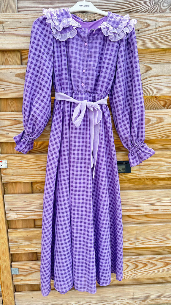 Purple Gingham Maxi Dress with Belt