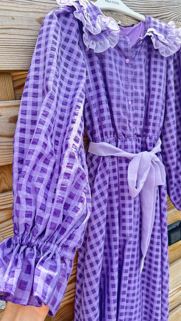 Purple Gingham Maxi Dress with Belt