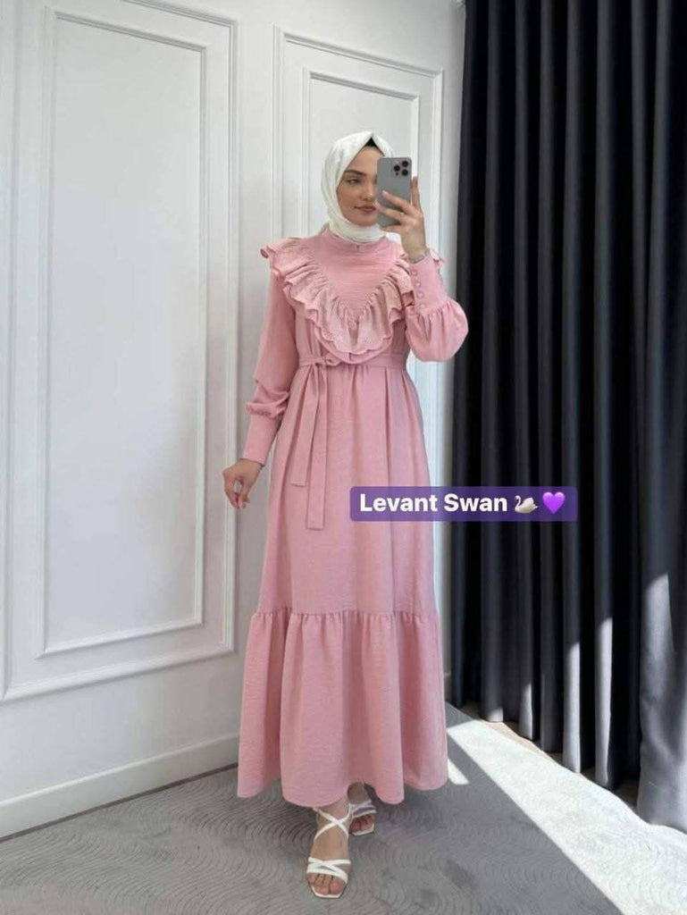 Ruffle Detail Modest Dress with Belt