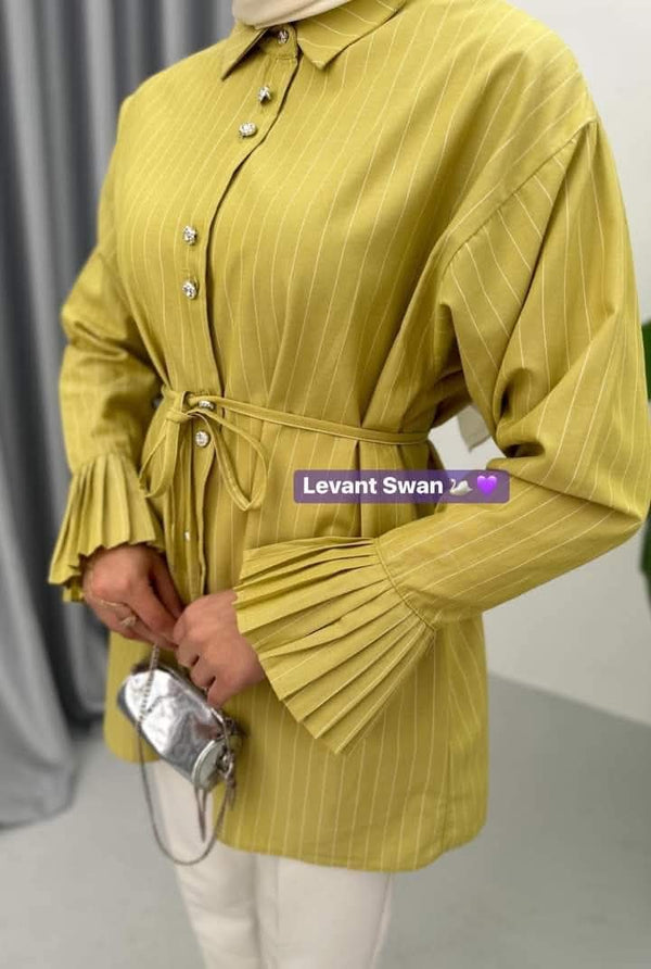 Striped Pleated Sleeve Shirt with Belt – Elegant Casual Blouse