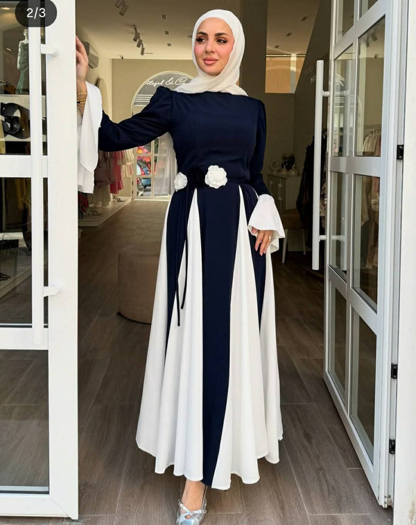 Two-Tone Maxi Dress with Floral Belt