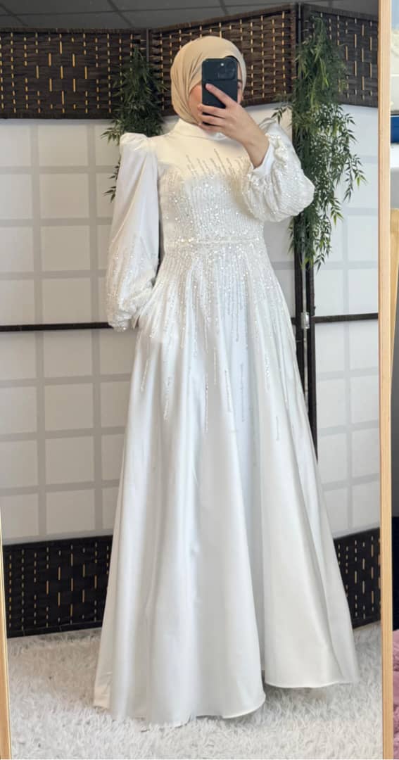 White Modest Bridal Gown – Beaded Long Sleeve
