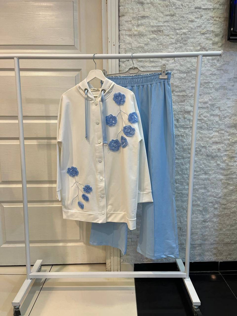 Blue Floral Embroidered Loungewear Set