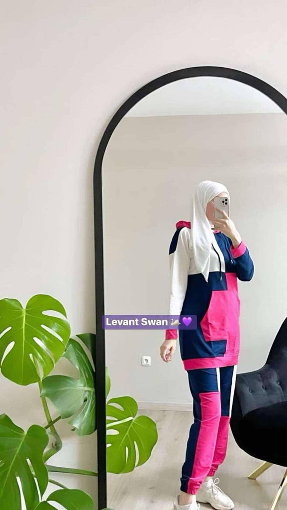 Color Block Modest Tracksuit – Navy, Pink & White