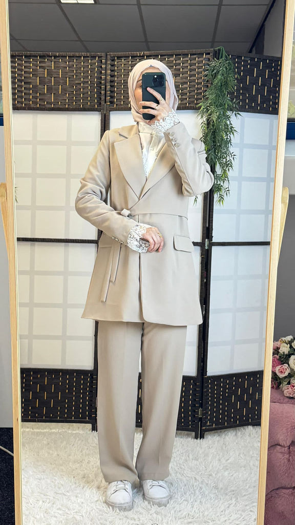 Beige Two-Piece Suit with Belted Blazer