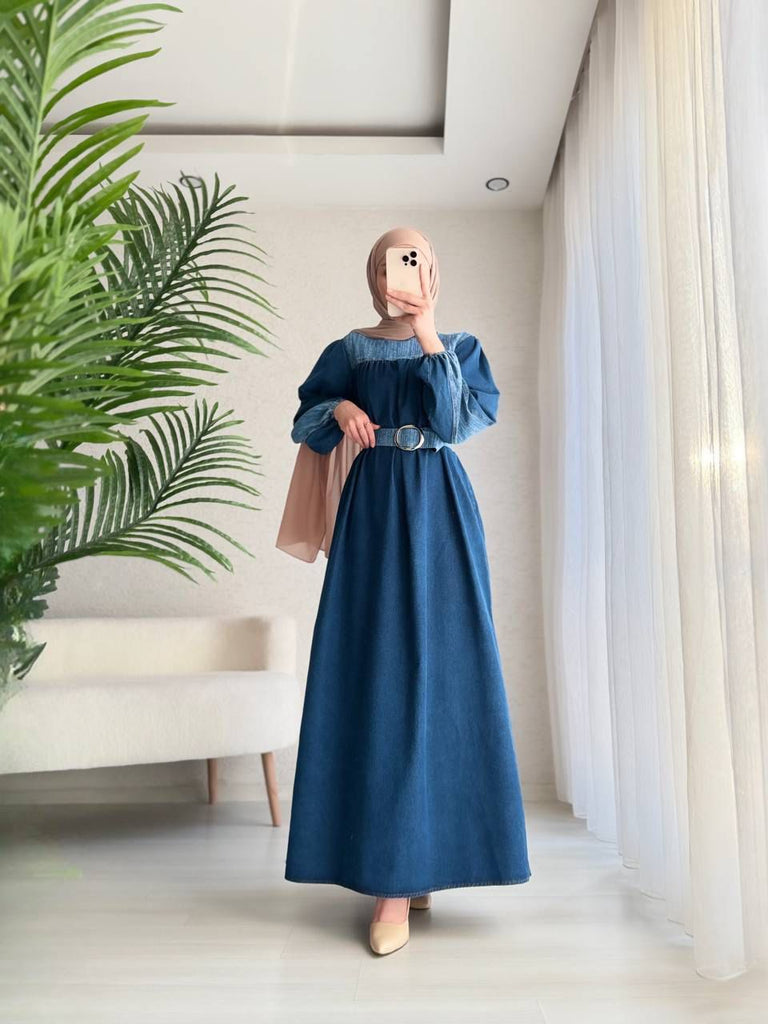 Denim Maxi Dress with Belt
