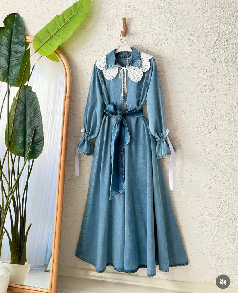 Denim Maxi Dress with Lace Collar