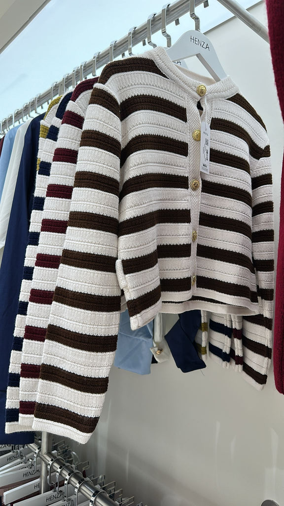 Women’s Striped Knit Cardigan with Gold Buttons – Brown & Bordeaux