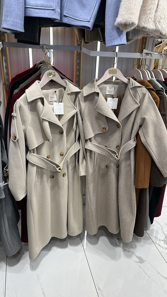 Women’s Double-Breasted Long Coat with Belt – Bordeaux & Beige