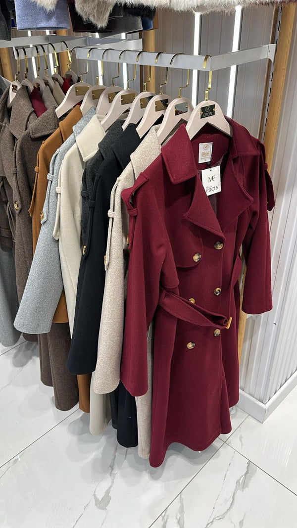 Women’s Double-Breasted Long Coat with Belt – Bordeaux & Beige