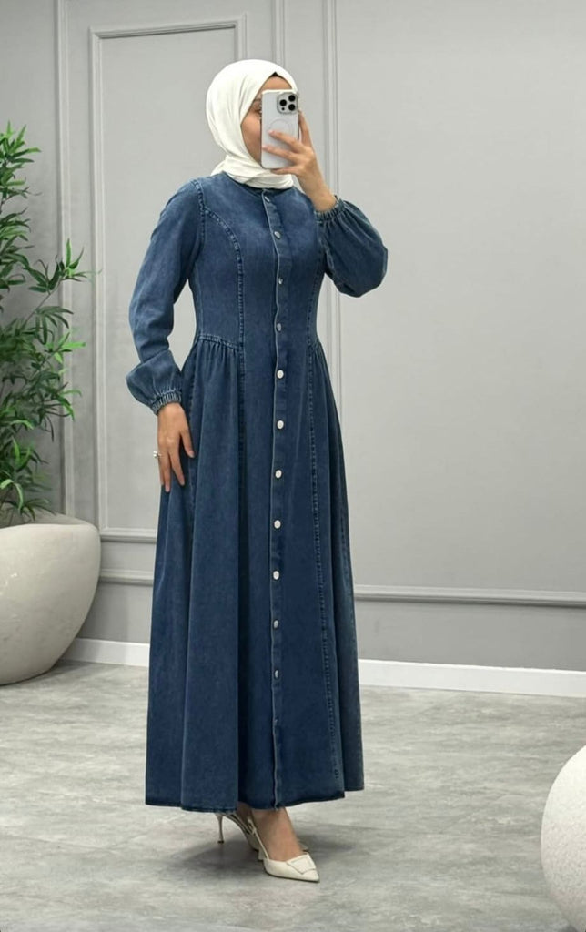 Modest Denim Maxi Dress with Front Buttons