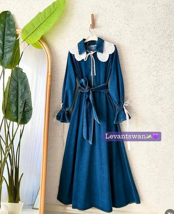 Denim Maxi Dress with Lace Collar