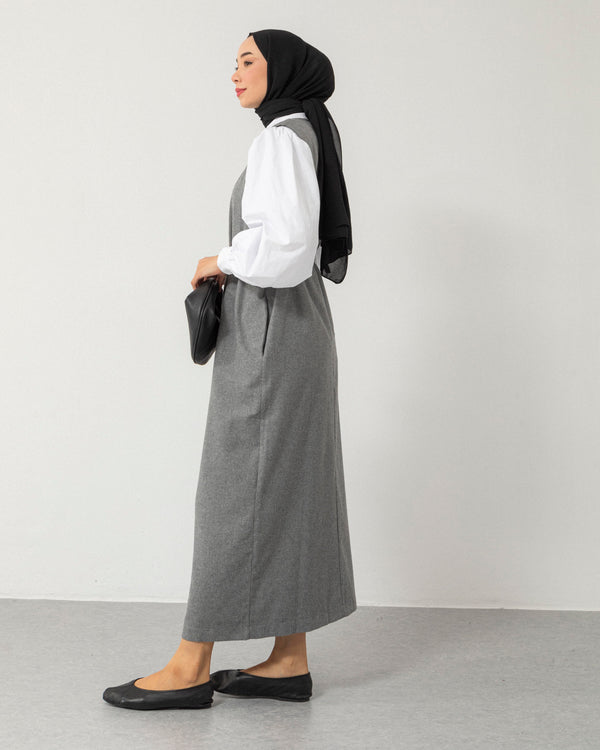 Buttoned Gray Pinafore Dress