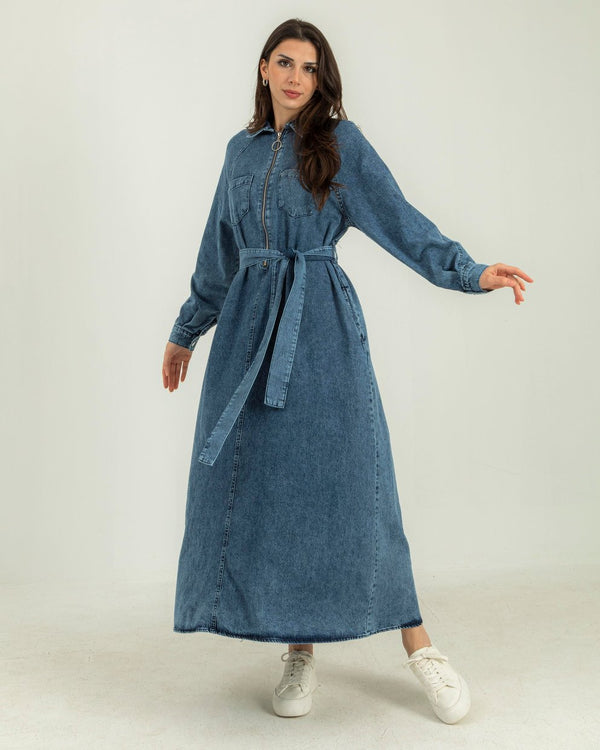 Zipper Front Belted Denim Long Dress