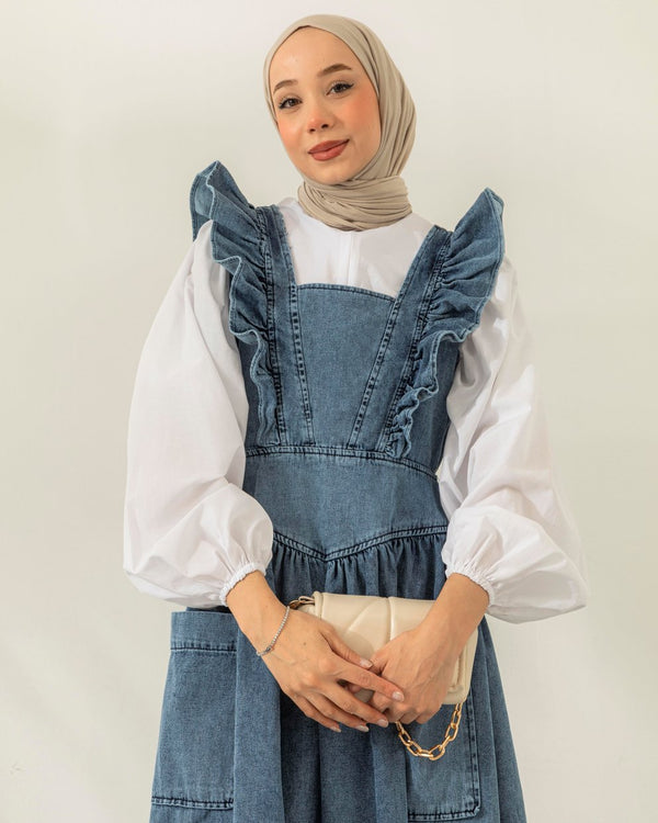 Ruffled Denim Pinafore Long Dress