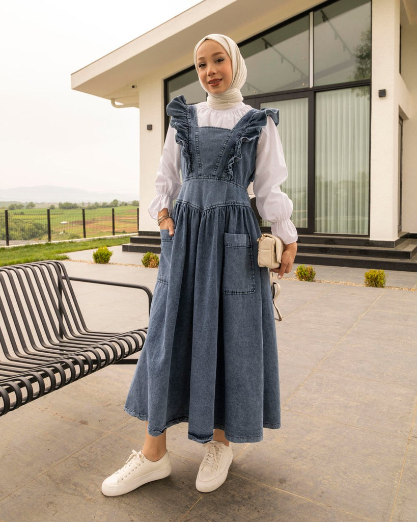 Ruffled Denim Pinafore Long Dress