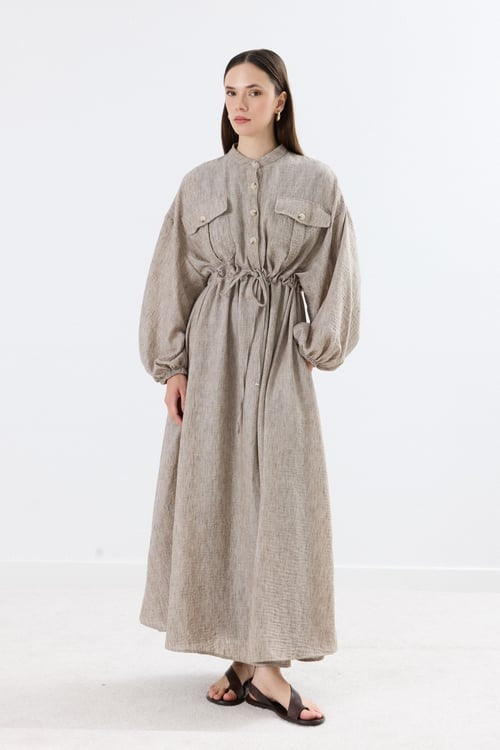 Drawstring Waist Linen Dress with Front Pockets
