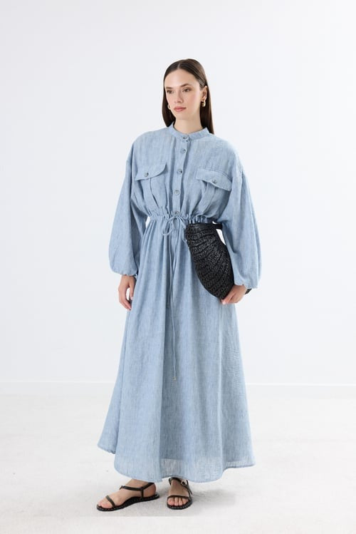 Drawstring Waist Linen Dress with Front Pockets