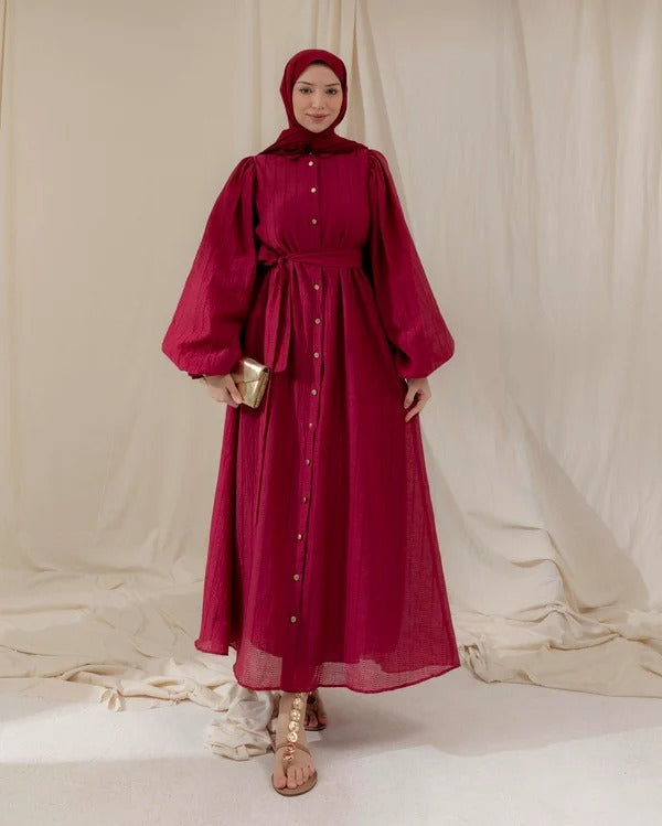 Elegant Balloon Sleeve Buttoned Maxi Dress