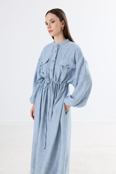 Drawstring Waist Linen Dress with Front Pockets