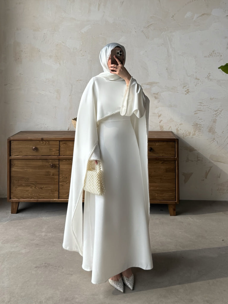 Pearl-Edged Cape Maxi Dress