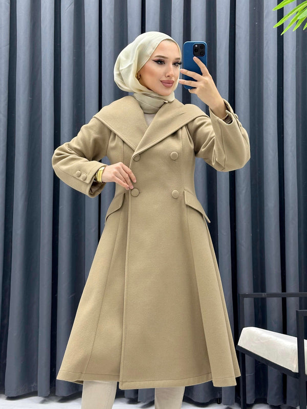 Hooded Woolen Coat - Beige