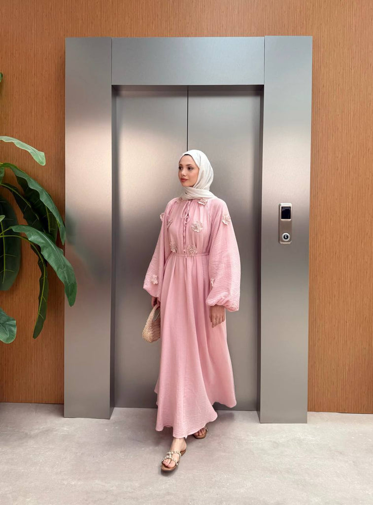 Embroidered Pink Maxi Dress – Modest & Elegant