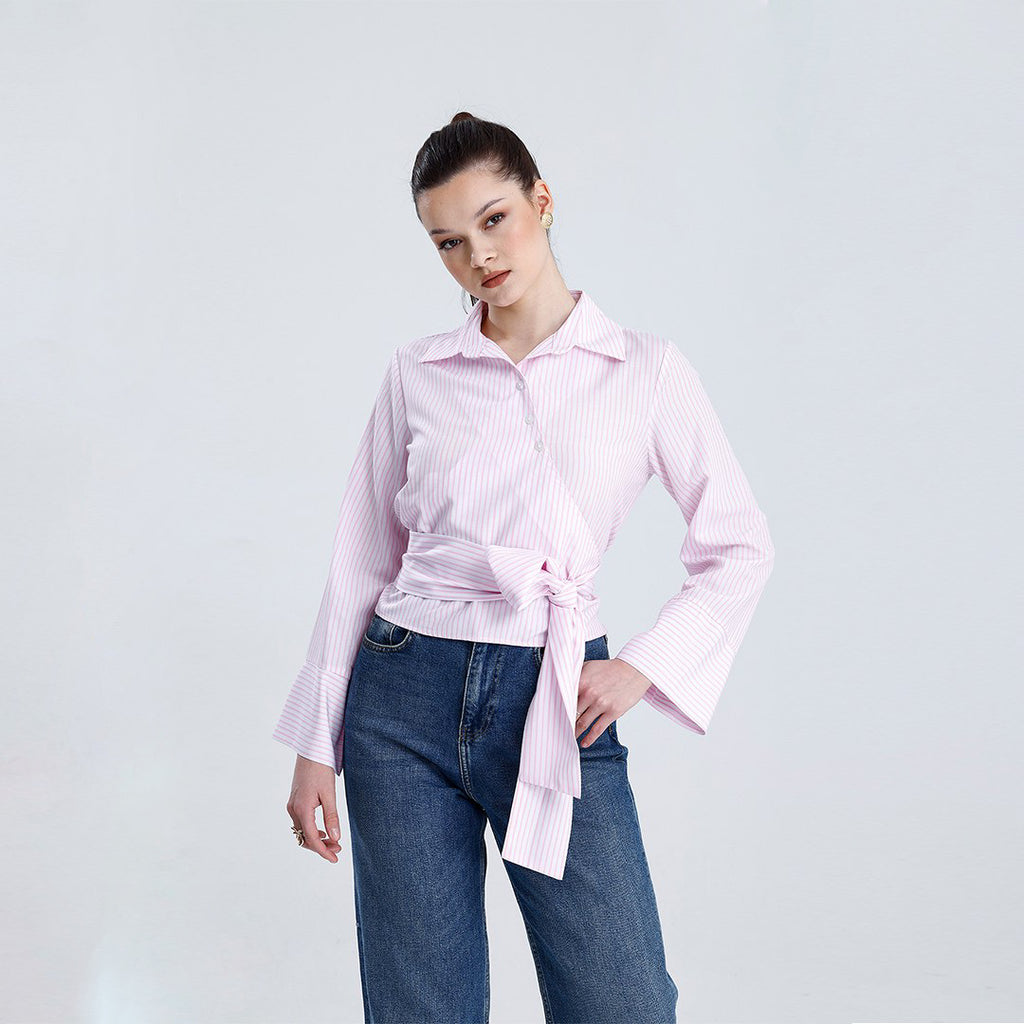 Striped Wrap Shirt with Tie