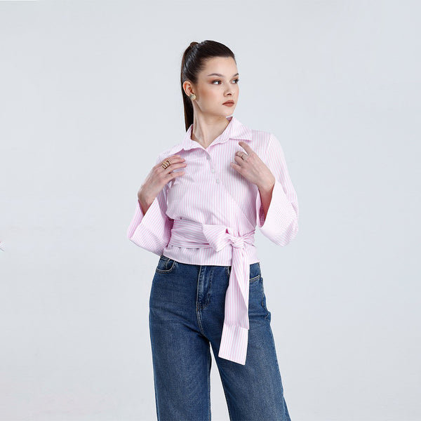 Striped Wrap Shirt with Tie