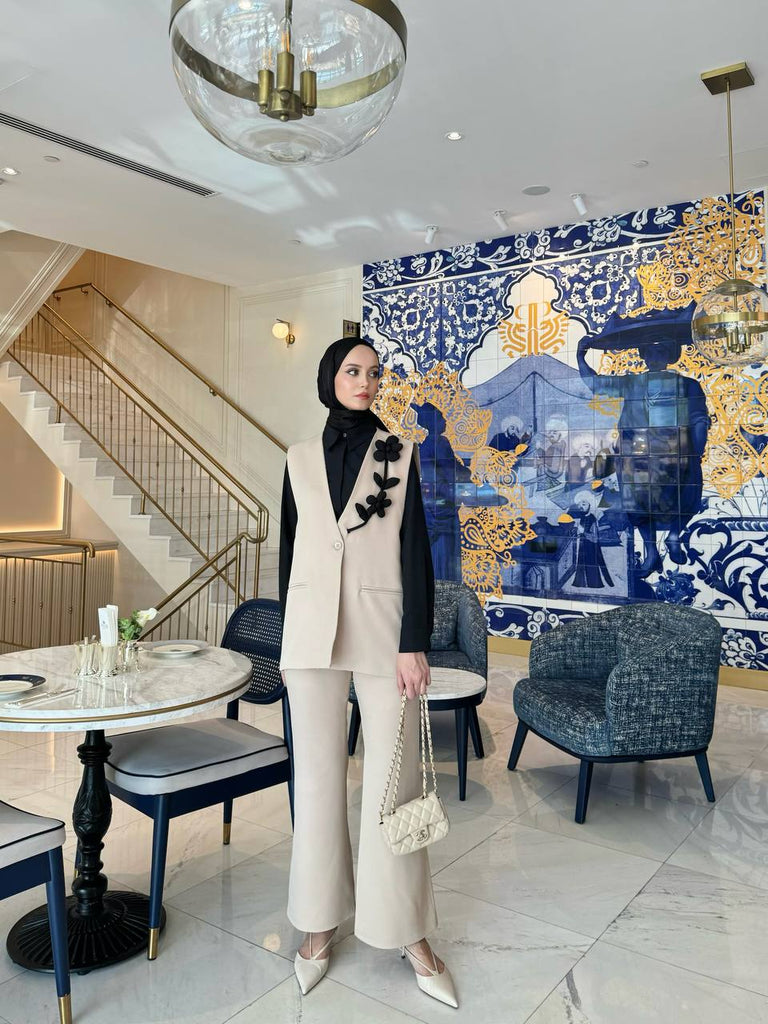 Beige 2-Piece Vest Suit with Black Floral Detail