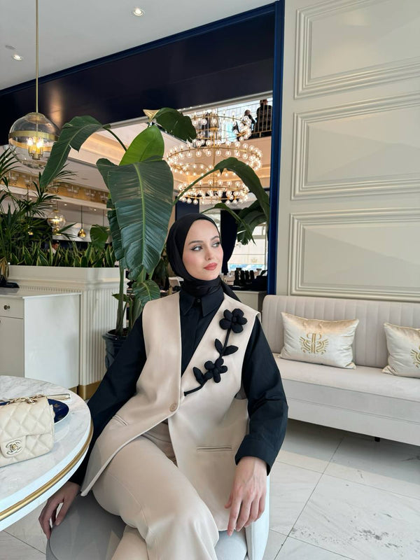 Beige 2-Piece Vest Suit with Black Floral Detail