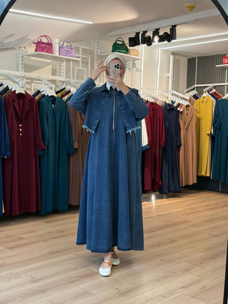 Denim Maxi Dress with Detachable Jacket
