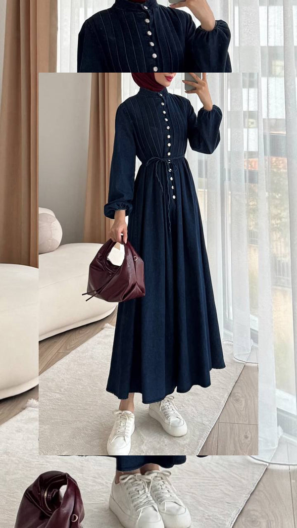 Denim Maxi Dress with Front Buttons and Waist Tie