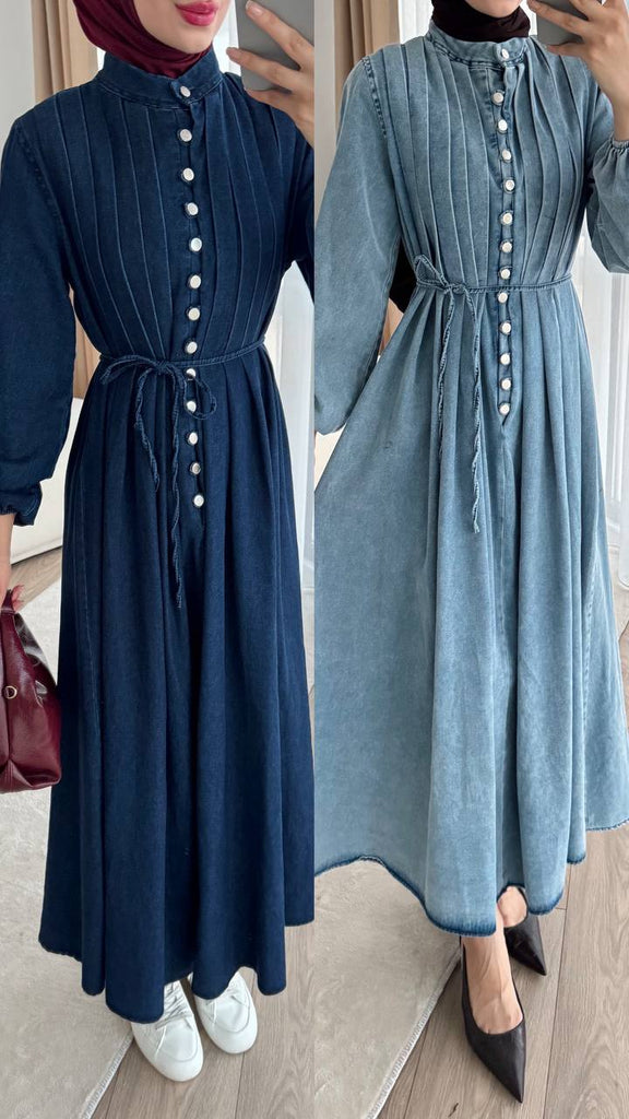Denim Maxi Dress with Front Buttons and Waist Tie