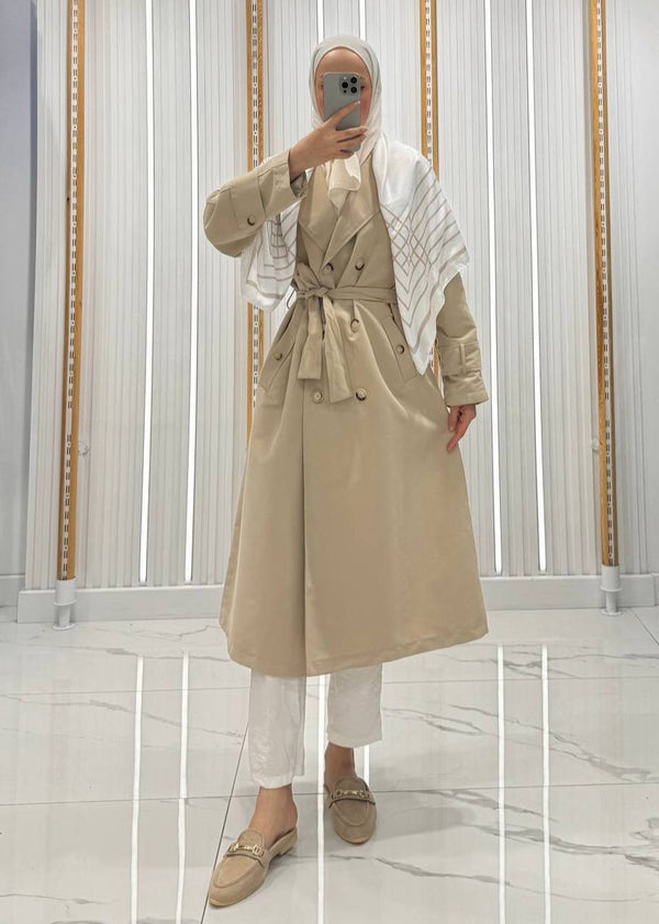Elegant Belted Modest Trench Coat with Scarf Detail